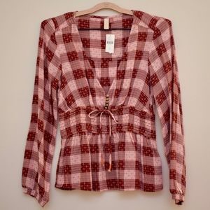 NWT Pilcro Plaid Deep-V Blouse
